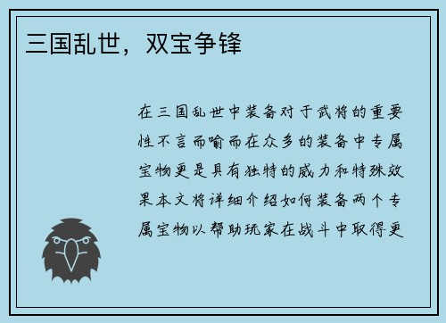 三国乱世，双宝争锋